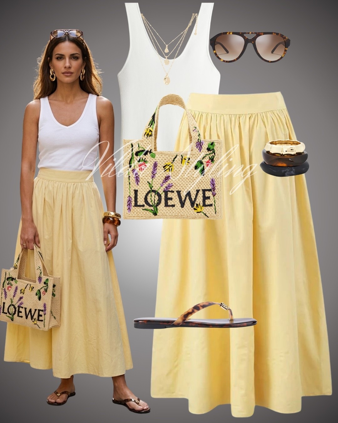 Summer elegance simplified ☀️✨ There is nothing better than a crisp white tank paired with a gorgeous, buttery yellow maxi skirt. Styled this look with a stunning embroidered Loewe tote, chic tortoiseshell sandals, and layered gold jewelry for the ultimate warm-weather vibe. Perfect for a vacation day, a weekend brunch, or a casual stroll! #Trhreadbare
#LTKtravel #SummerOutfit #MaxiSkirt #LoeweBag #ResortWear #SummerStyle #OOTD

#LTKsummer #LTKtravel #LTKstyletip