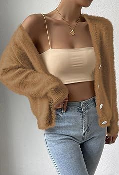 Women's Furry Cropped Cardigan Batwing Sleeves Open Front V-Neck Button Down Loose Knit Sweater C... | Amazon (US)