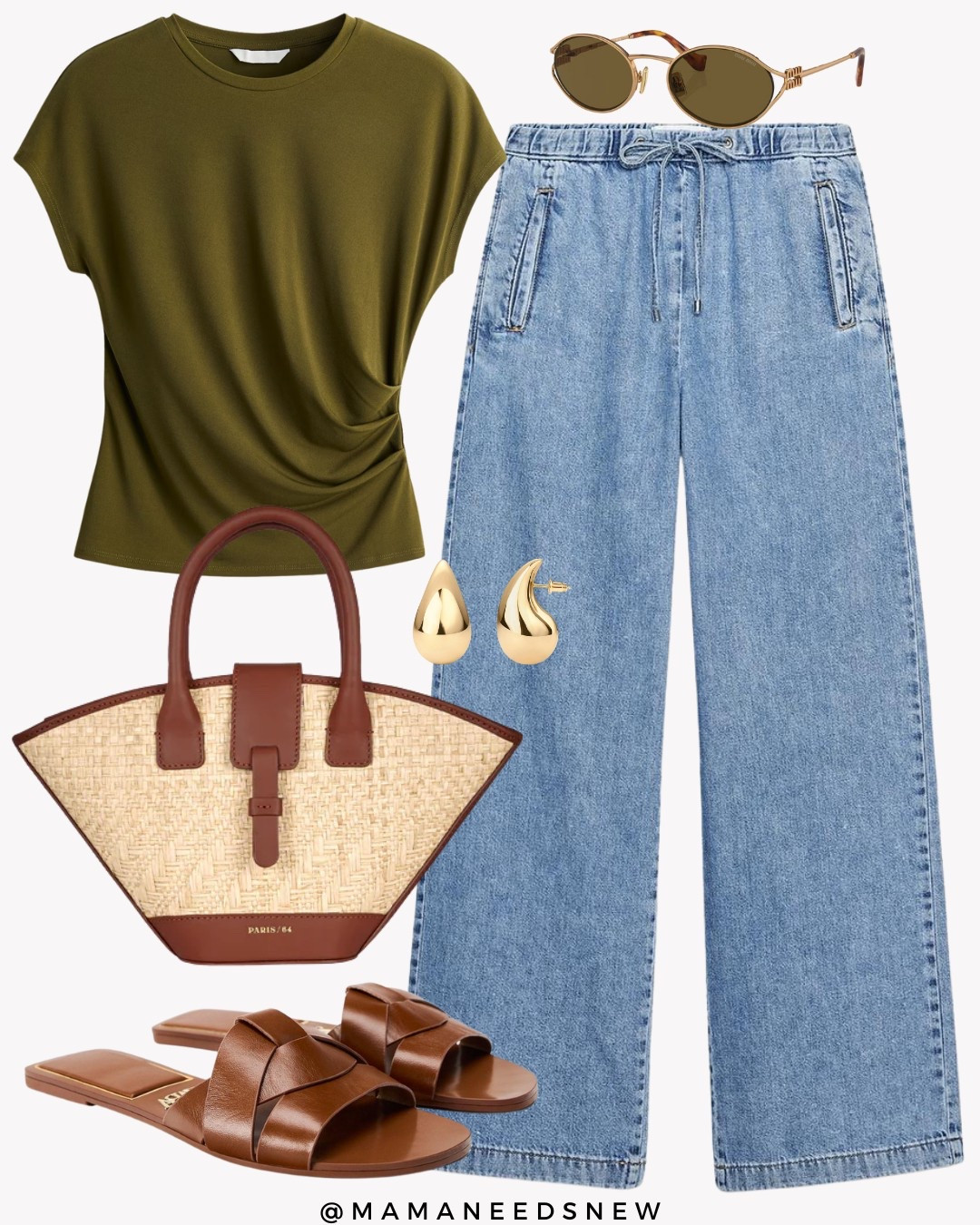 A summer outfit with a draped T-shirt, drawstring jeans, slide sandals & top handle / crossbody summer bag 💚

#LTKItBag #LTKSaleAlert #LTKStyleTip