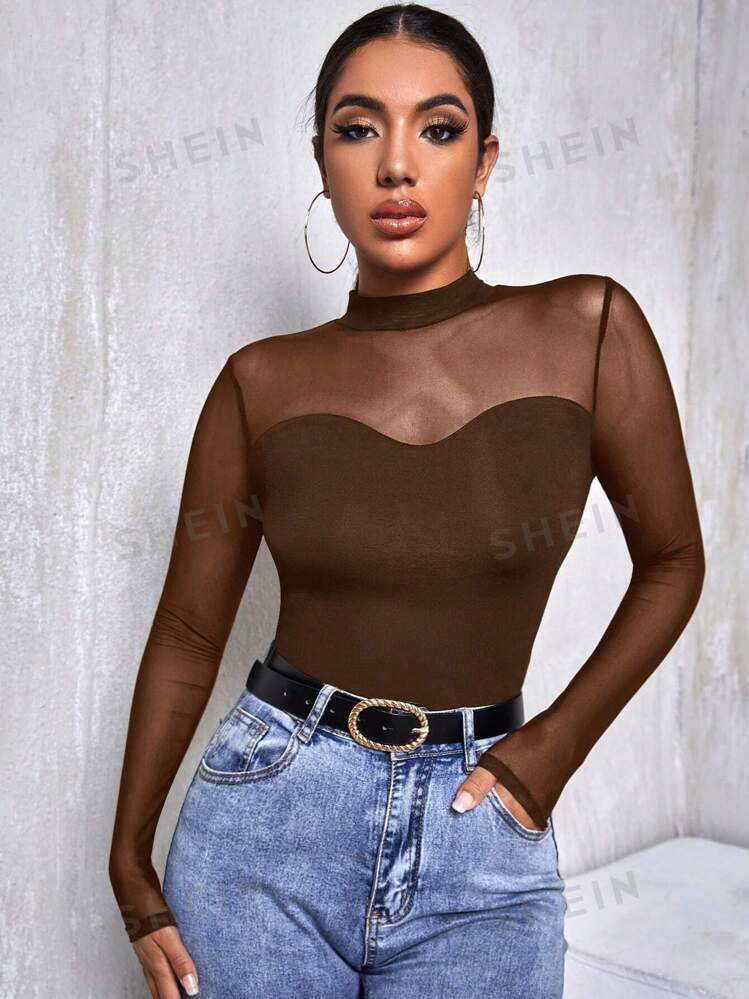 evoluSHEINSHEIN Privé Mesh Yoke Long Sleeve T-Shirt | SHEIN