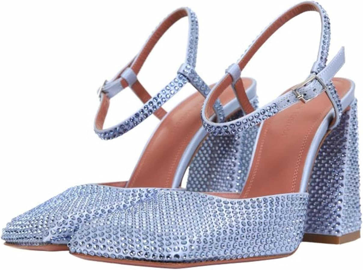 Women's Closed Square Toe Chunky High Heel Sandals Ankle Strap Buckle Rhinestone Ladies Party Dre... | Amazon (US)