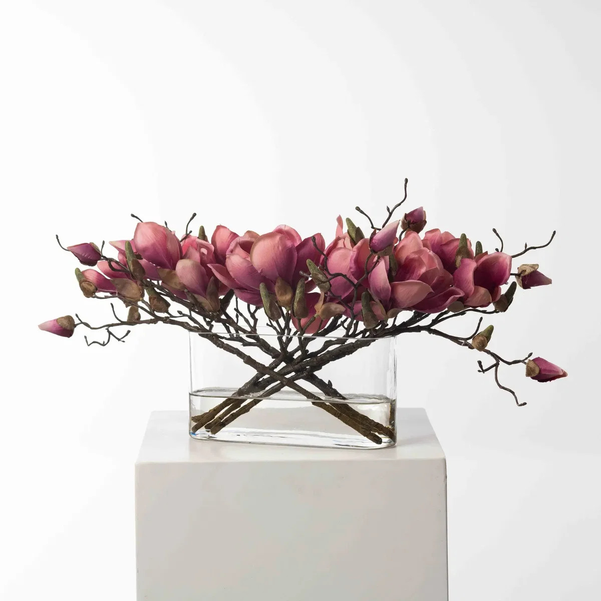 Fuchsia Magnolia Branch Blooms in Oval Pocket Vase Everyday Spring Water Illusion Arrangement | Darby Creek Trading
