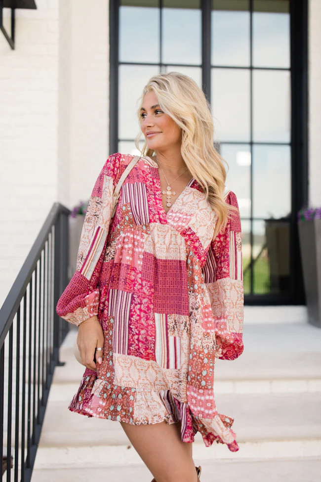 Found My Place Patchwork Print Split V Baby Doll Dress | Pink Lily