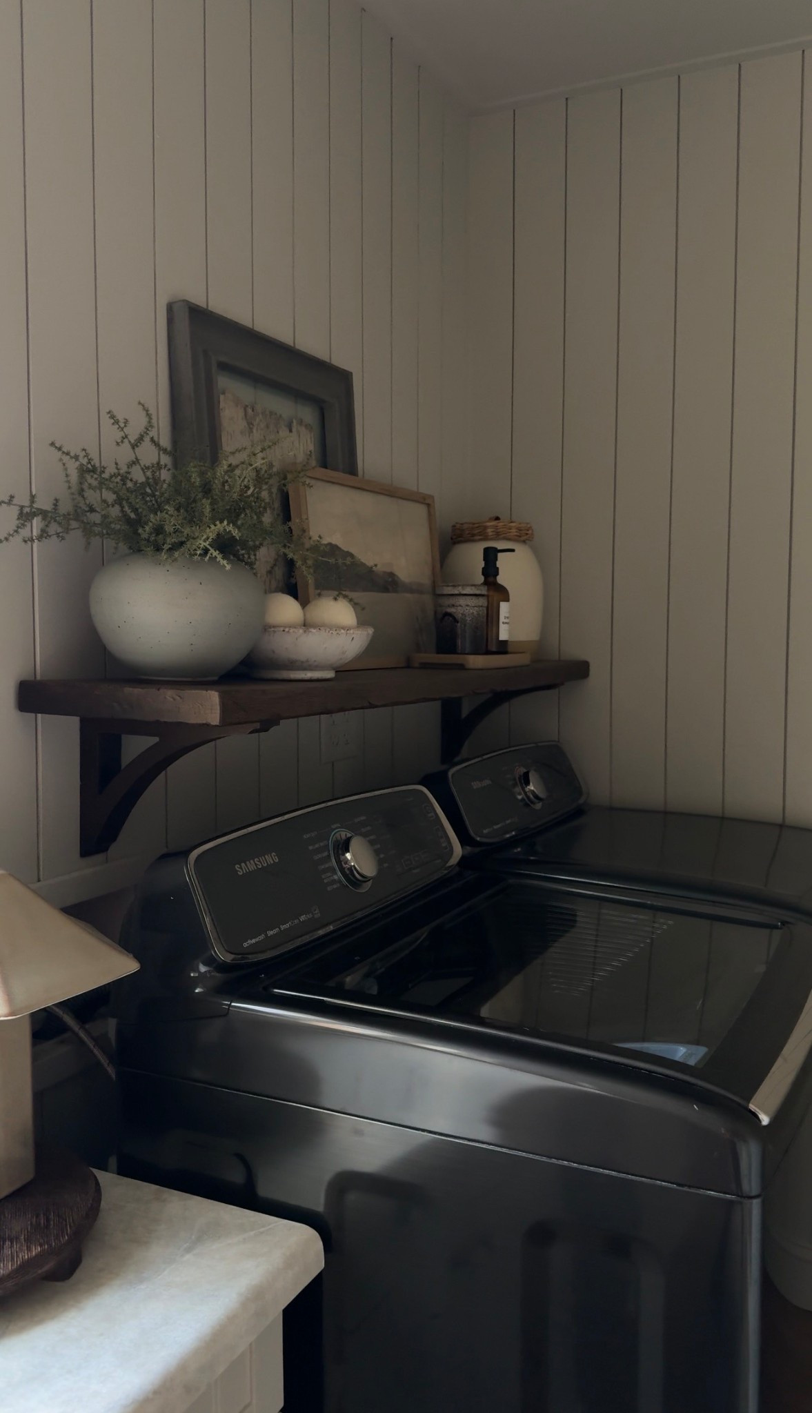 Laundry Room decor | styled laundry room | round wood pedestal | ceramic lamp | target | studio McGee | vintage lake print | @cottageandkey small Asher bowl | wood corbels

#LTKSaleAlert #LTKHome