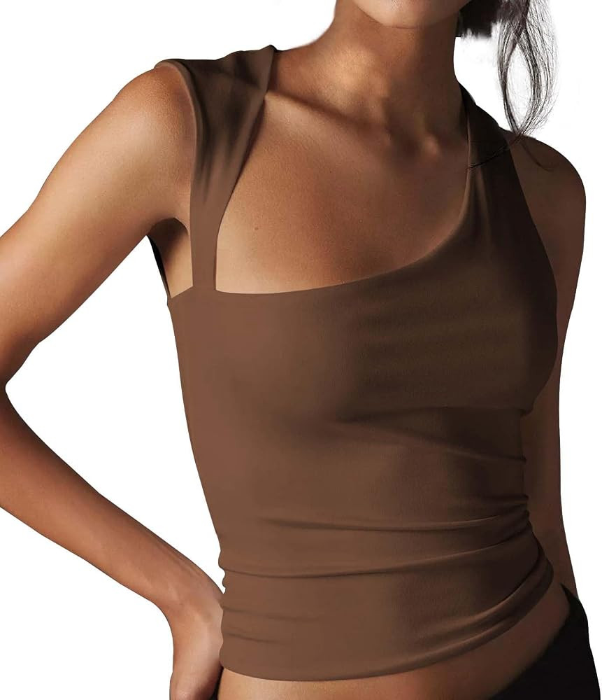 Women's Solid Color Asymmetric Neckline Sexy Backless Crop Top Slim Fit Vest For Outerwear Cam | Amazon (US)