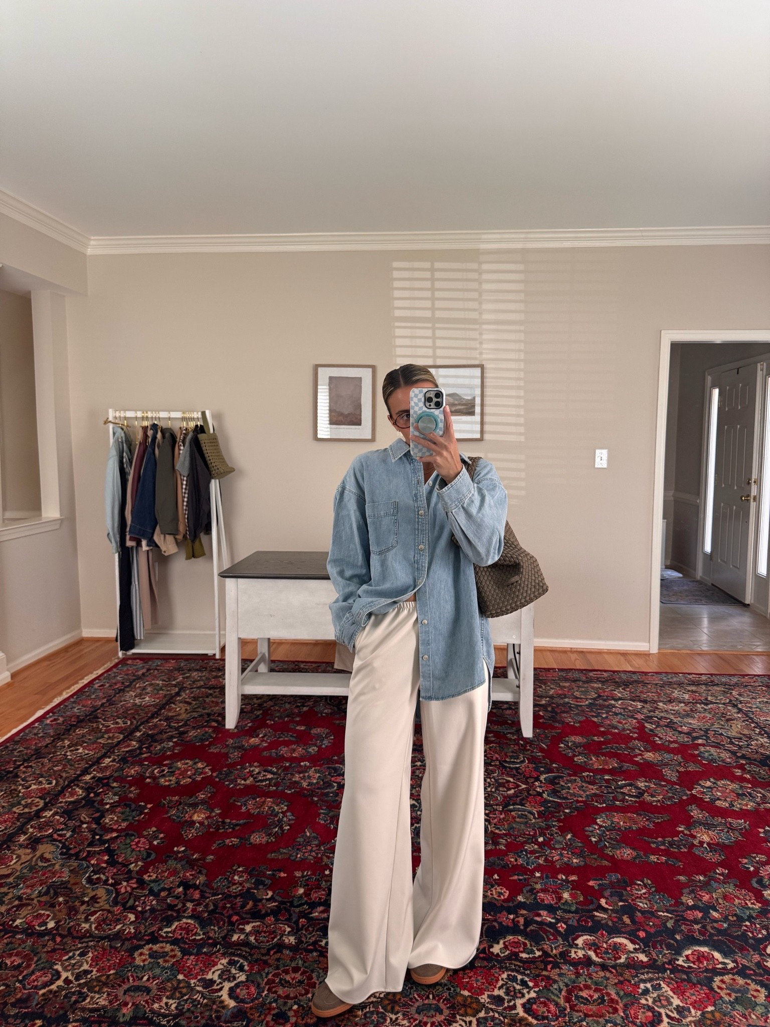 XS pants 
S denim shirt

#LTKmomlife #LTKootd