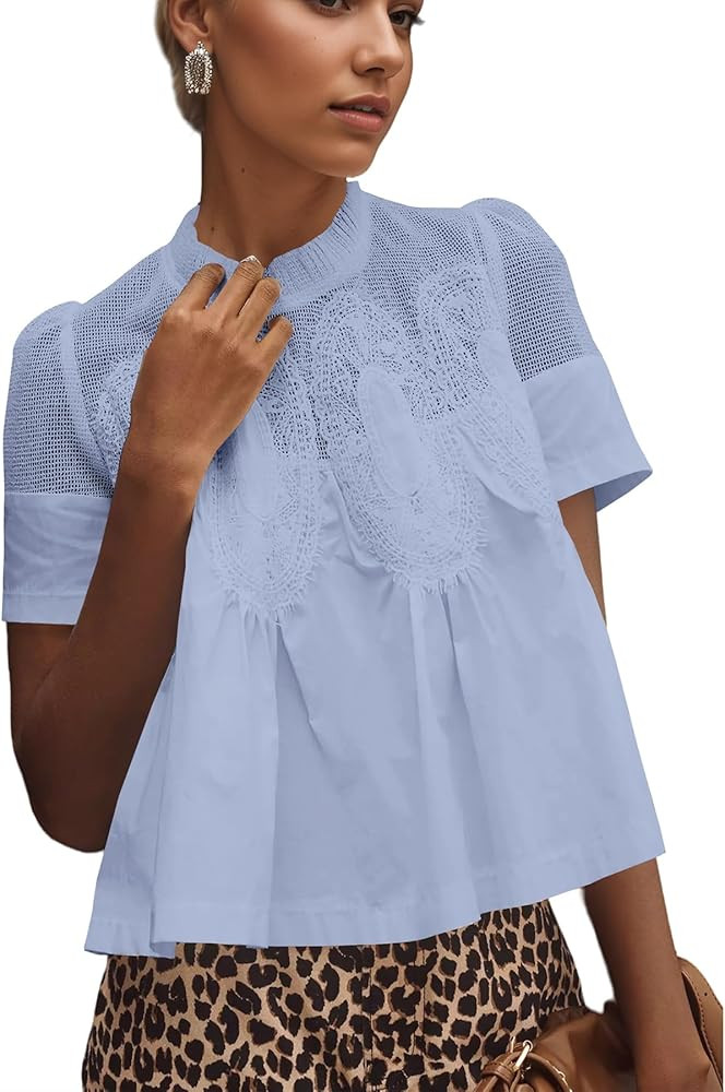 Women Lace Trim Blouse Mesh See Through Puff Short Sleeve Ruffle Pleated Shirts Mock Neck Summer ... | Amazon (US)