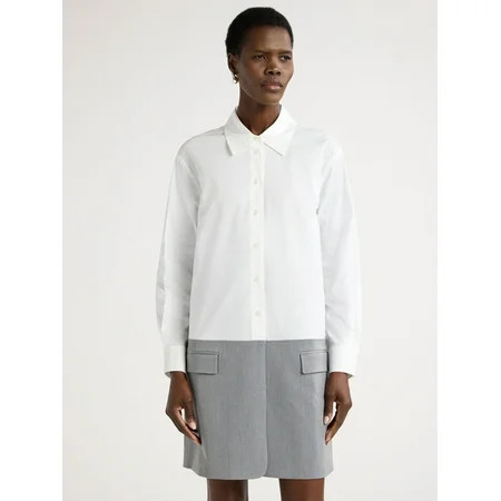 Scoop Women s Mix Media Poplin Suiting Mini Shirtdress with Long Sleeves Sizes XS-XXL | Walmart (US)