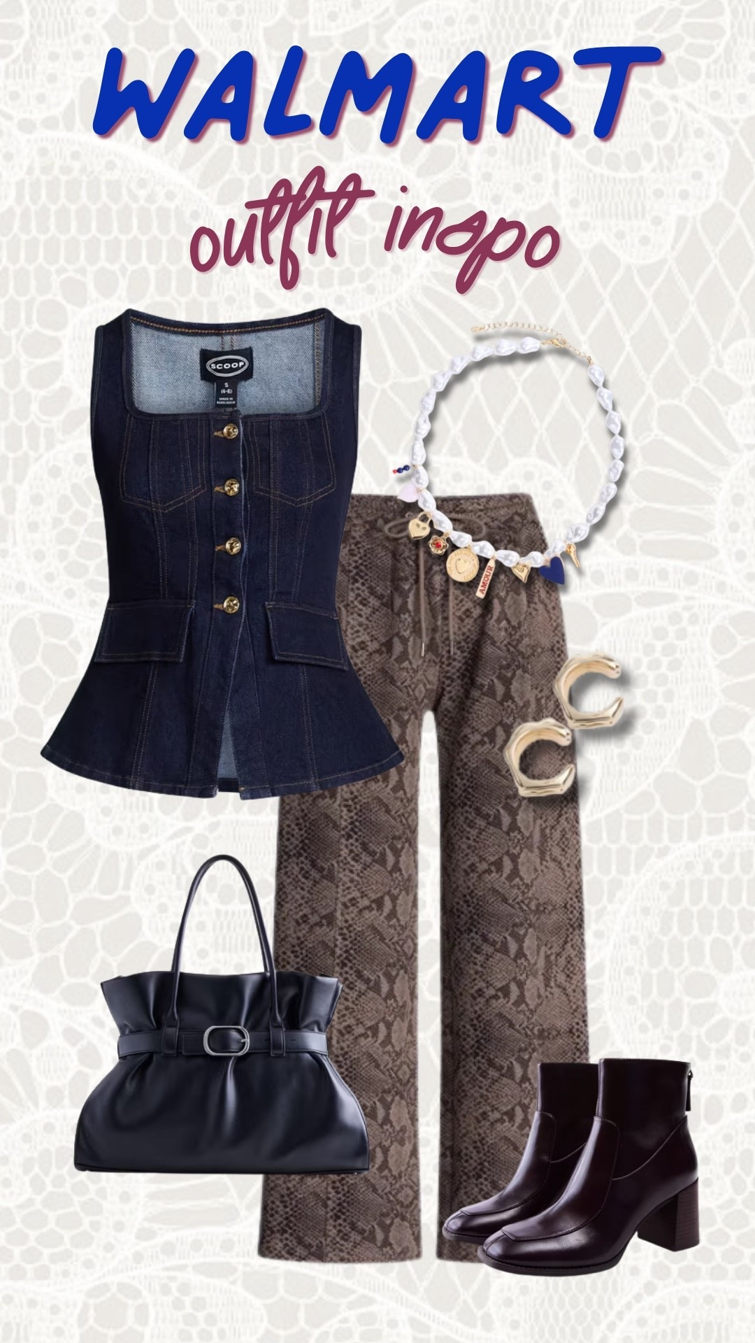 Walmart outfit inspo for a fun fall look. I love the denim peplum top with the printed pants, burgundy boots, and black bag for a look that feels so cute for the season.

#LTKootd #LTKdayinmylife #LTKNYFW