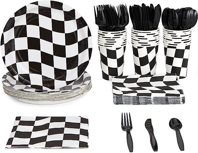 144 Piece Race Car Birthday Party Supplies with Checkered Flag Plates, Napkins, Cups, and Cutlery... | Amazon (US)
