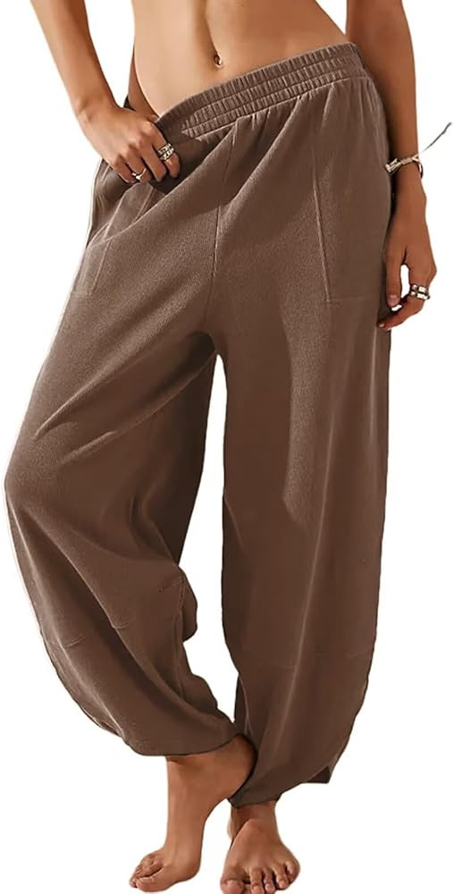 EGUGYDW Womens Baggy Wide Leg Pants Elastic High Waisted Palazzo Harem Trousers with Pockets | Amazon (US)