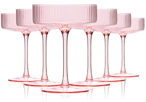 Cyrelwing 9 oz Pink martini glasses Vintage Art Deco Blush Pink Coupe Glasses Set of 6 Pink Ribbed Cocktail Glasses for Espresso Martini, Champagne,Cosmopolitan,Manhattan,Cocktail | Amazon (US)