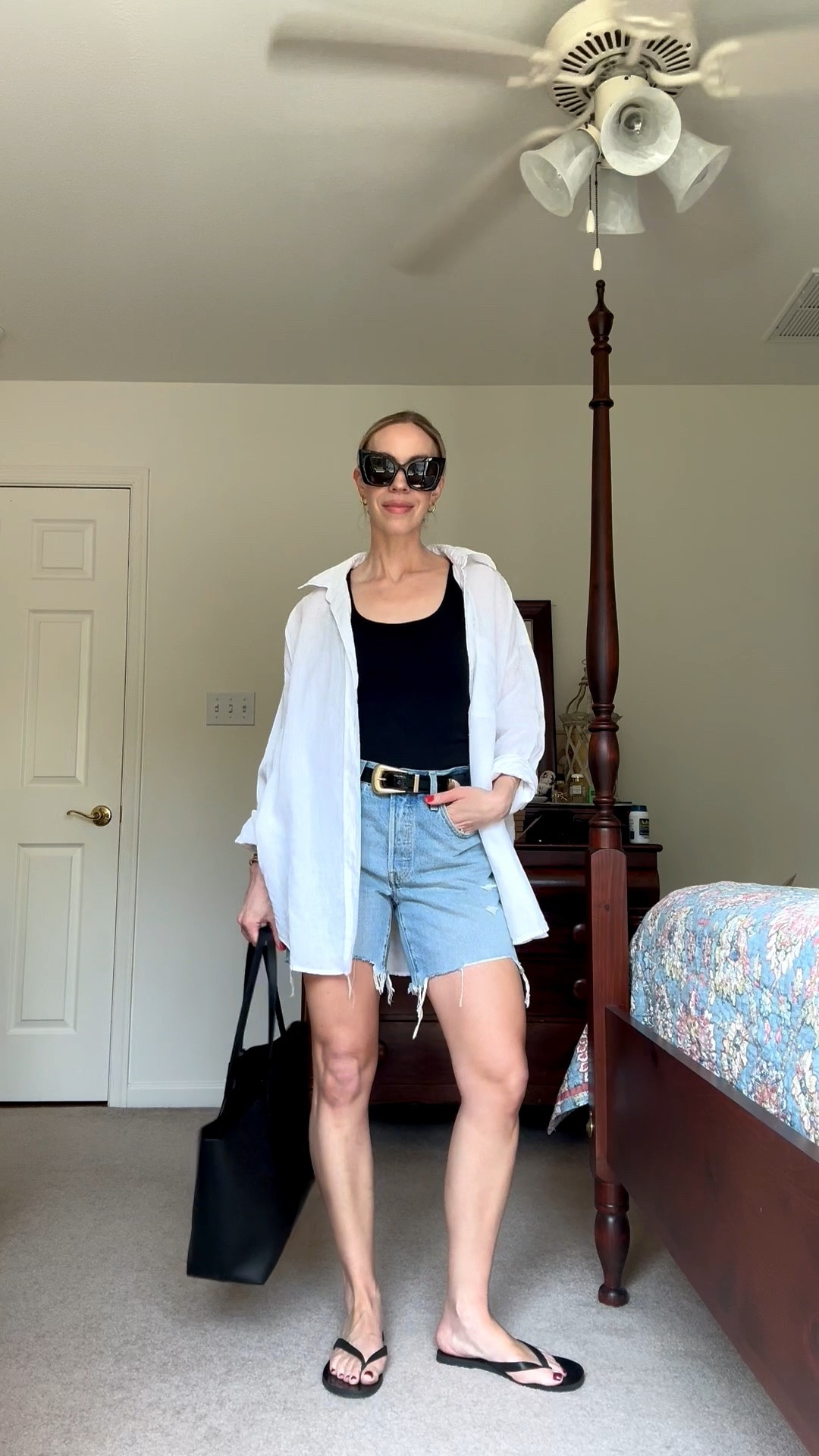 Easy, chic outfit idea: oversized linen shirt with tank and @levi denim shorts - add accessories to make it interesting

#LTKSeasonal #LTKOver40 #LTKgrwm