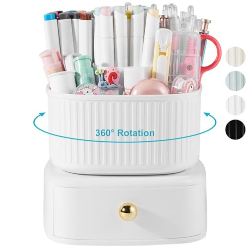 Lolocor Pencil Pen Holder with Drawer, 5 Slots 360 Degree Rotating Pen Organizer For Desk, Desktop School Supplies Desk Accessories for Office School Home Art Supply White | Amazon (US)