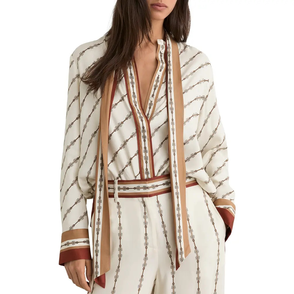 Reiss Lydia Chain Print Tie Neck Button-Up top in Ivory at Nordstrom, Size 2 Us | Nordstrom