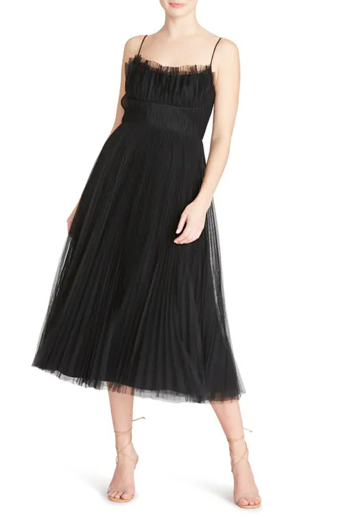 ML Monique Lhuillier Pleated Tulle A-Line Midi Dress in Black at Nordstrom, Size 12 | Nordstrom