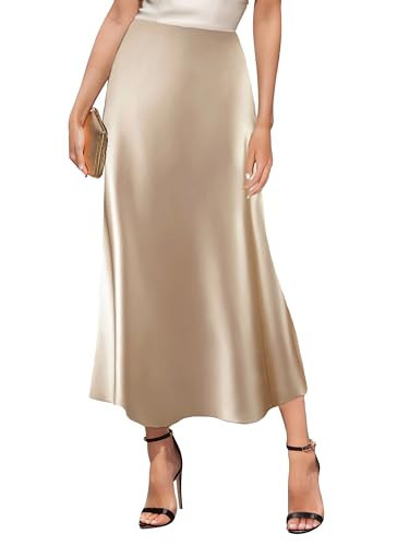 GOLDSTITCH Women's Satin High Waist Skirts Elegant Flared Casual A Line Maxi Skirt Champagne | Amazon (US)