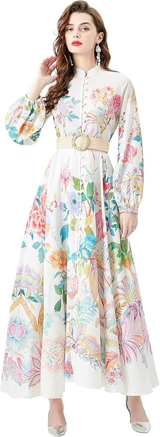 LAI MENG FIVE CATS Women's Floral Print Puff Sleeve Button Up Split Party Flowy Maxi Dress | Amazon (US)