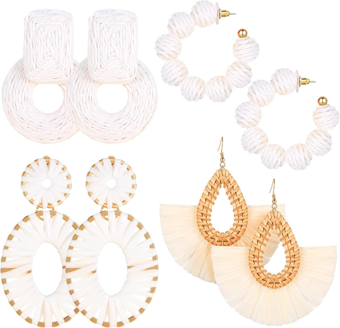 KRORZTOT Statement Raffia Earrings for Women Bulk Rattan Earrings Set Beaded Hoop Earrings Handma... | Amazon (US)