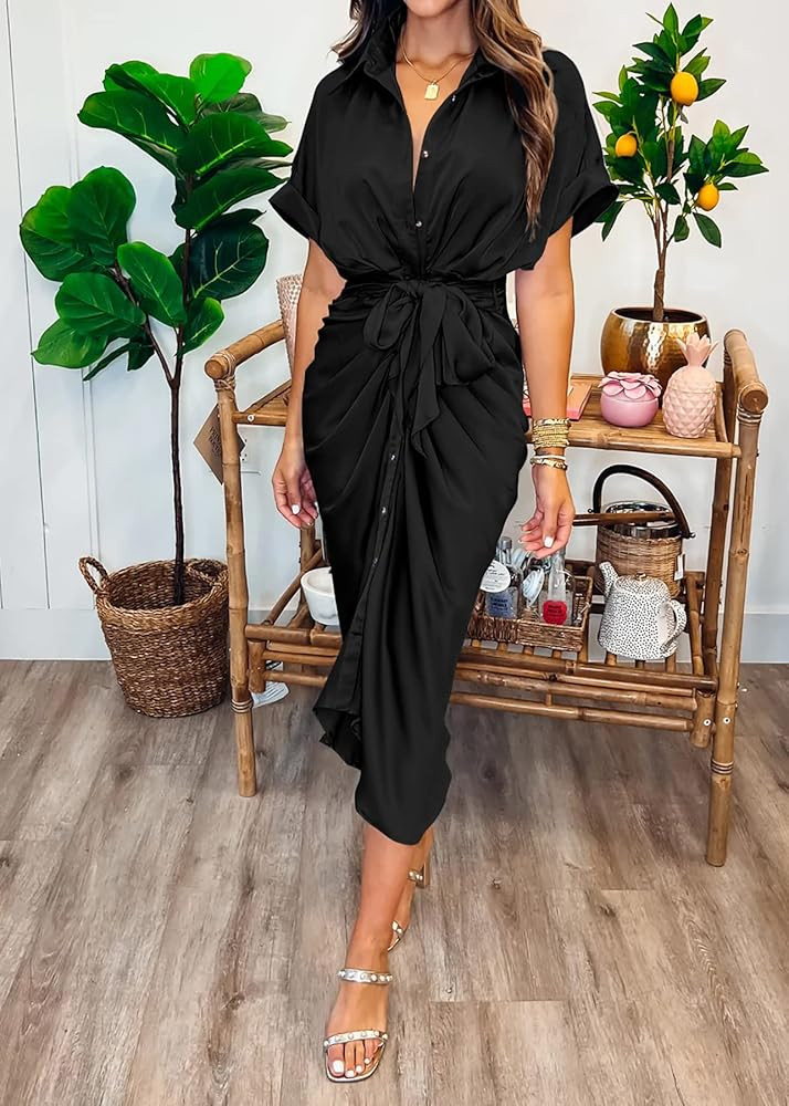 BTFBM Women 2024 Button Down Ruched Shirt Dresses Short Sleeve Lapel V Neck Elegant Party Spring ... | Amazon (US)