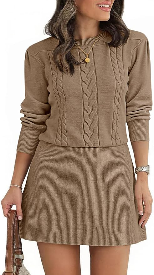 Saodimallsu Womens Puff Long Sleeve Sweater Dress Cable Knit Fall Dresses | Cable Knit, A Line, C... | Amazon (US)