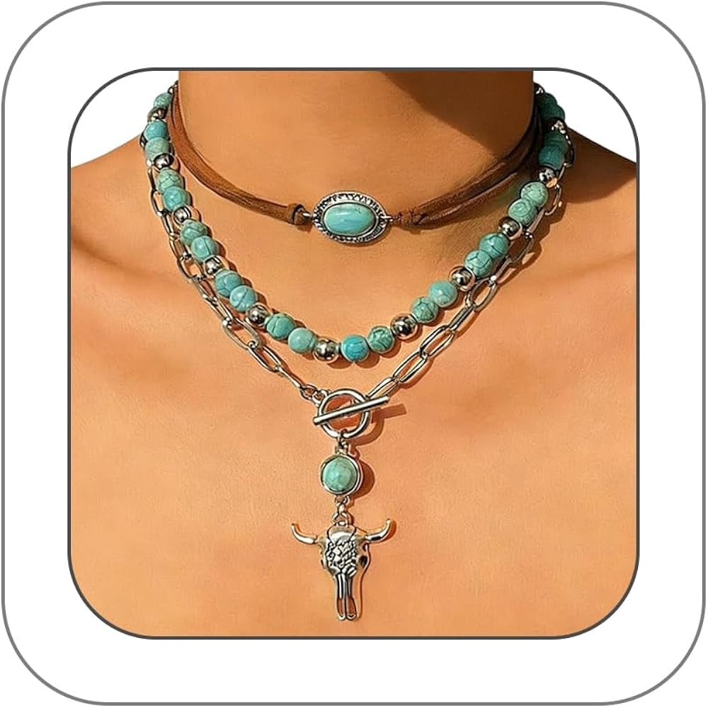 GIGB PBDK Boho Western Necklaces for Women,Turquoise Beaded Layered Necklaces Vintage Cow Cactus ... | Amazon (US)
