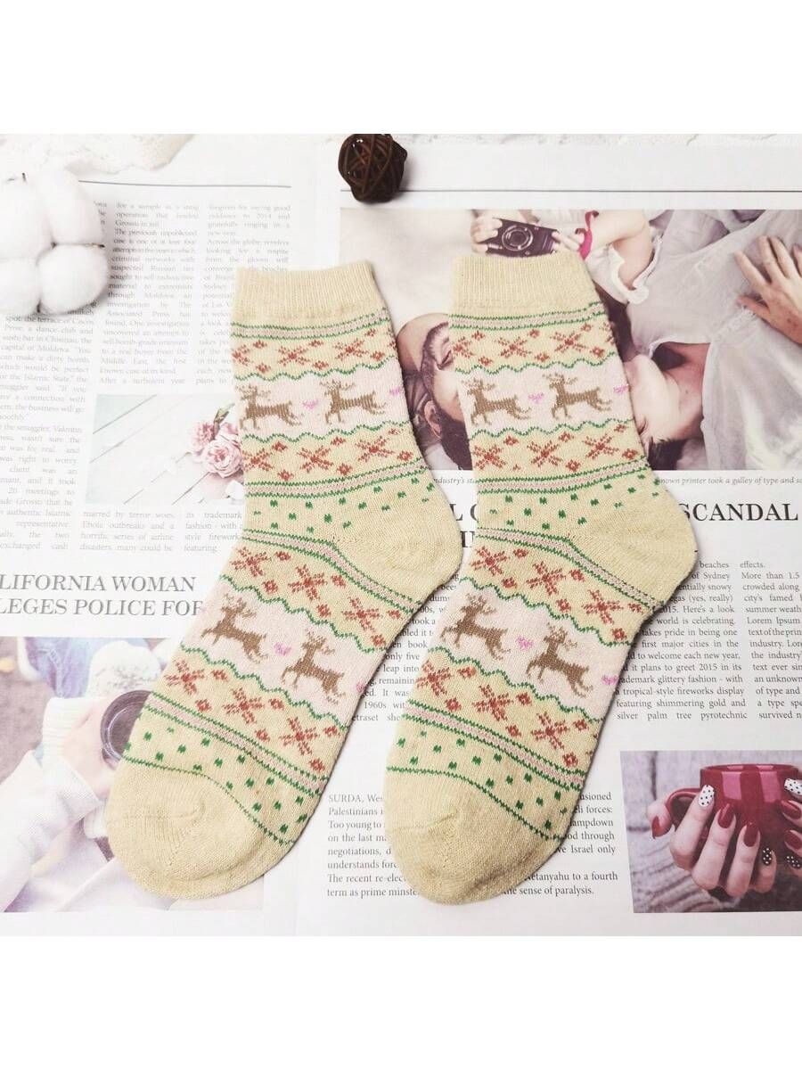 1pair Khaki Winter Wool Socks With Reindeer Pattern, Thick & Soft Japanese Style Comfortable Warm... | SHEIN