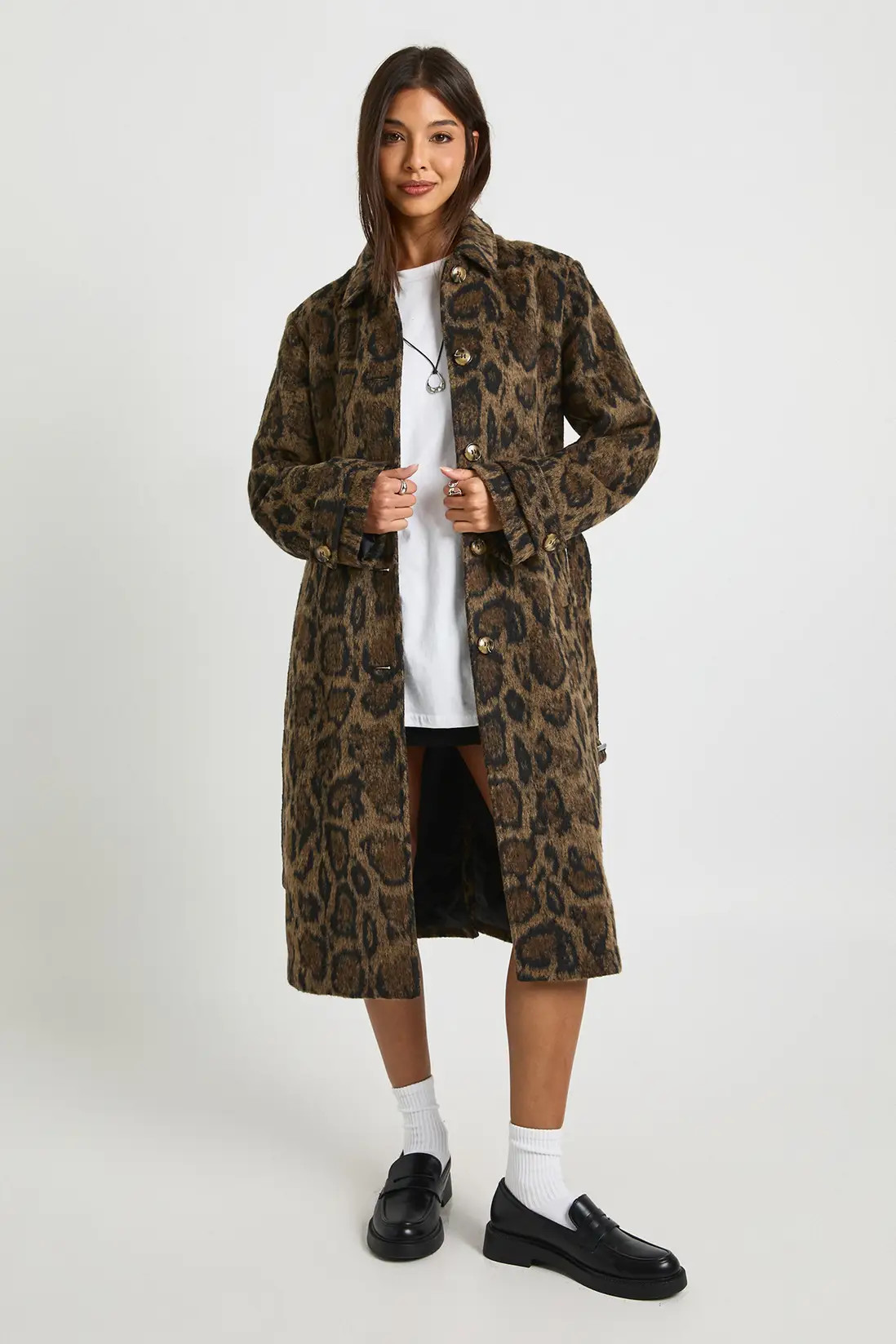 Leopard Print Belted Wool Look Coat | boohoo (US & Canada)