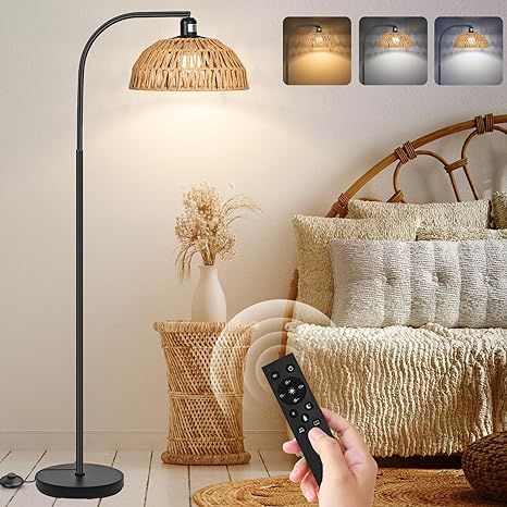 Rattan Floor Lamp- Modern Black Standing Floor Lamps with Remote Control and Stepless Dimmable Bu... | Amazon (US)