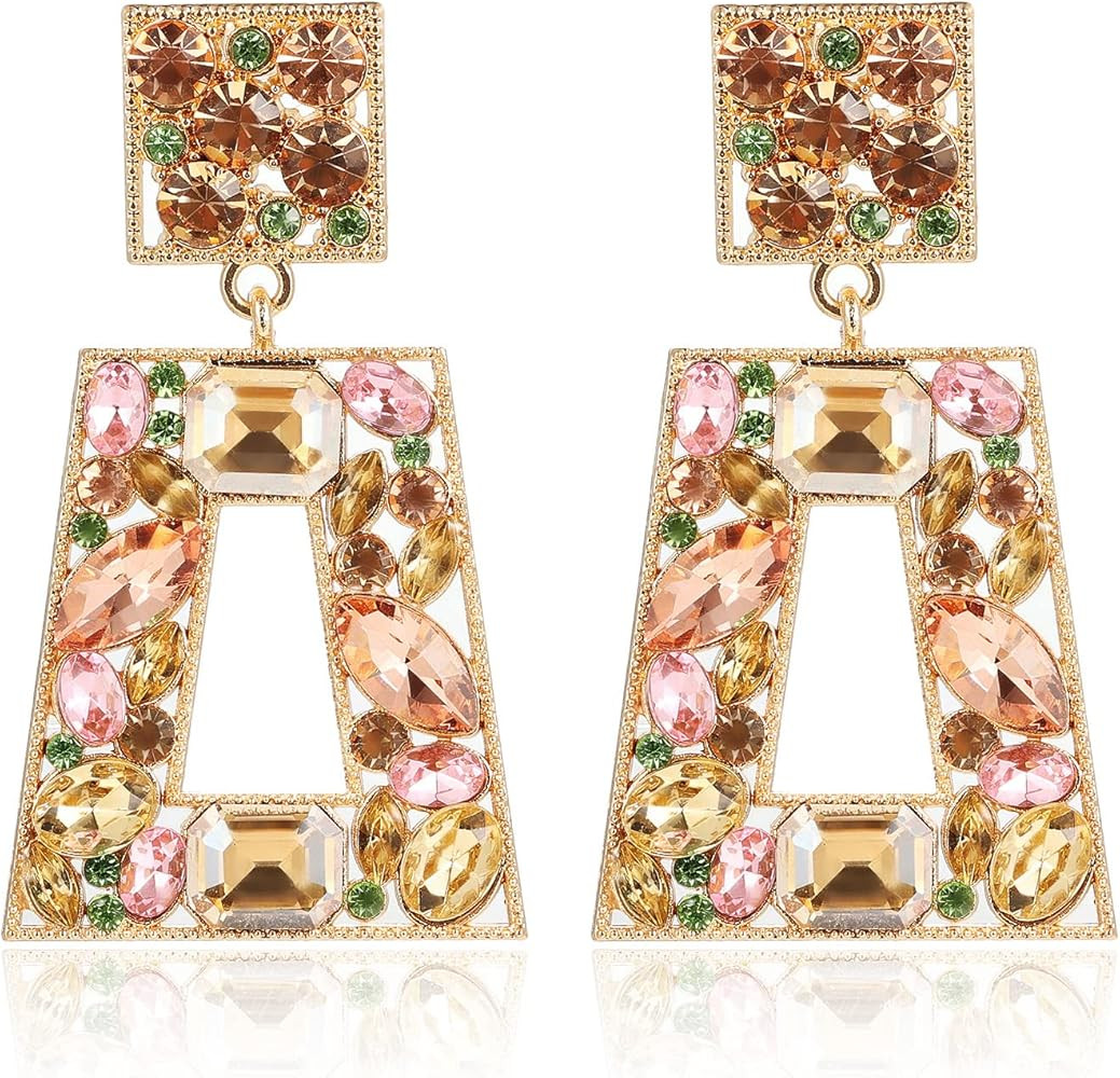 Rhinestone Rectangle Statement Earrings Colorful Crystal Geometric Drop Dangle Earrings for Women... | Amazon (US)