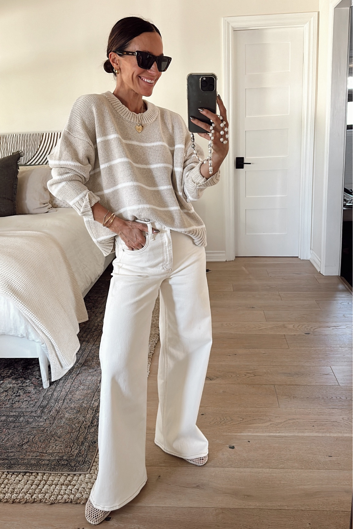 Fall outfit with ivory and tan 
Sweater is 100% cotton and I went up a size for a looser fit (small) 

#LTKOver40