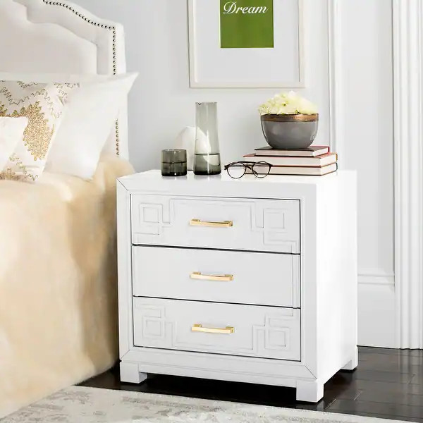 SAFAVIEH Raina Three Drawer Greek Key Night Stand - White | Bed Bath & Beyond