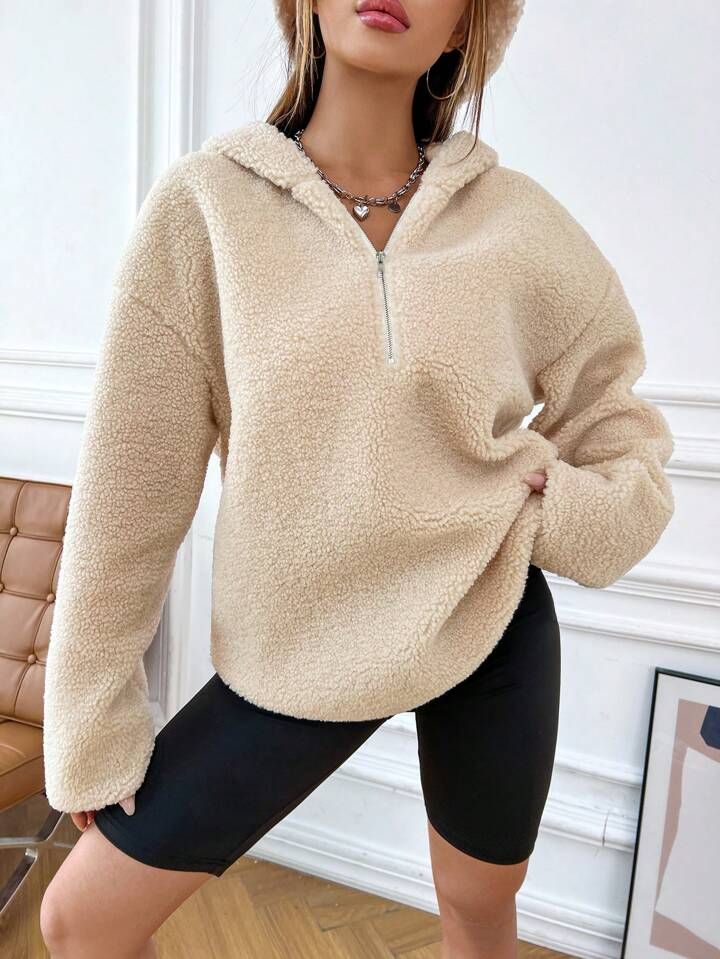 Half Zip Drop Shoulder Hooded Teddy Sweatshirt | SHEIN