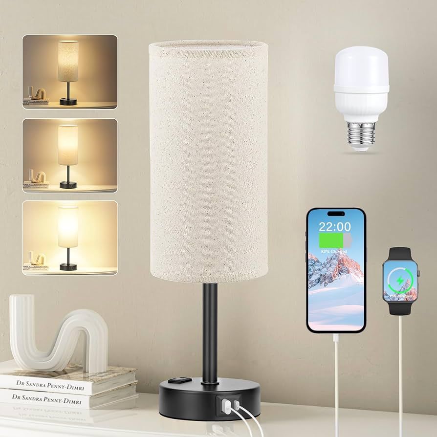 Beige Touch Table Lamp for Bedroom - 3 Way Dimmable Bedside Lamp USB C Charging Ports and AC Outl... | Amazon (US)