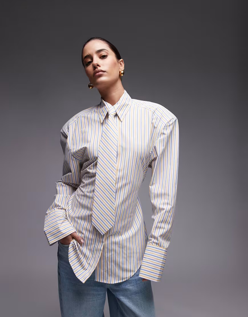 ASOS DESIGN cinch waist shirt with shoulder pads and necktie in yellow stripe | ASOS (Global)