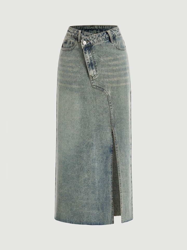 SHEIN MOD Asymmetrical Long Skirt Spring Break Stepped Waist Slit Hem Denim Skirt | SHEIN
