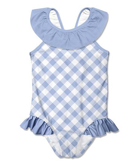 Periwinkle & White Gingham Bow Ruffle-Accent Yoke One-Piece - Infant, Toddler & Girls | Zulily