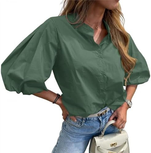 Tankaneo Womens Puff Sleeve Tops Button Down Shirts Loose Fit Cotton Blouse | Amazon (US)