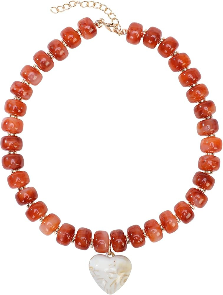 Chunky Colorful Beaded Statement Boho Summer Beach Chokers Necklace Heart Pendant Pink Green Yell... | Amazon (US)