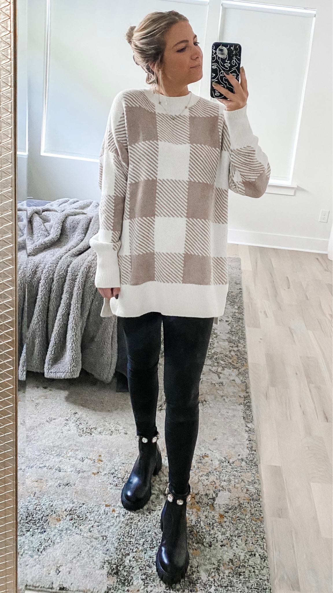 Oversized Abercrombie sweater in tan and cream checkered print with shine black leggings and Steve Madden lug sole rhinestone booties

#LTKsalealert #LTKshoecrush #LTKstyletip