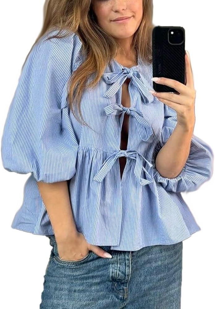 Tie Front Stripe Tops for Women Y2K Puff Short Sleeve Peplum Shirt Cute Tie Up Bow Babydoll Blous... | Amazon (US)