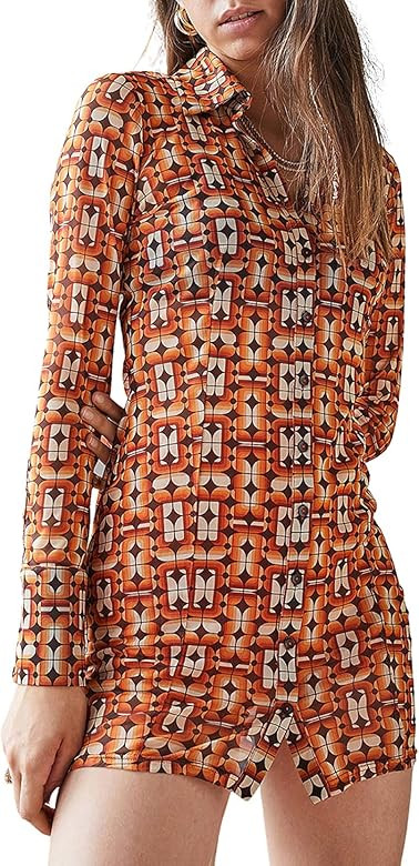 Mericiny Women Sexy Y2K Long Sleeve Dress Button Geometric Print Shirt Dress Slim Lapel Collar Si... | Amazon (US)