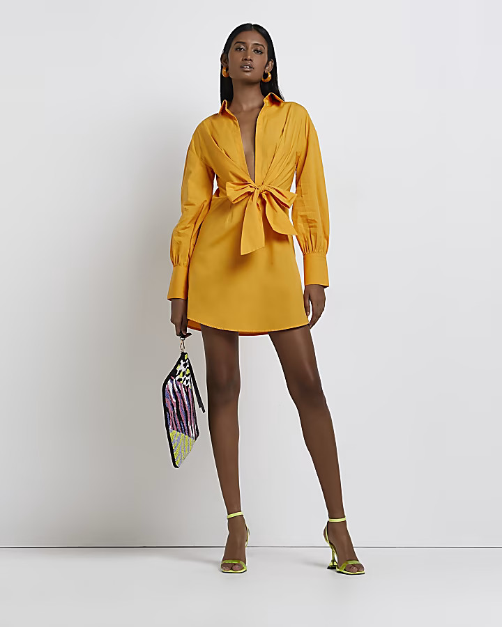 Orange tie front shift mini dress | River Island (UK & IE)