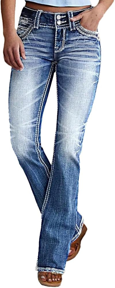 Women Mid Waisted Bootcut Jeans Zip Stretchy Slim Casual Double Button Flare Denim Pants with Dis... | Amazon (US)