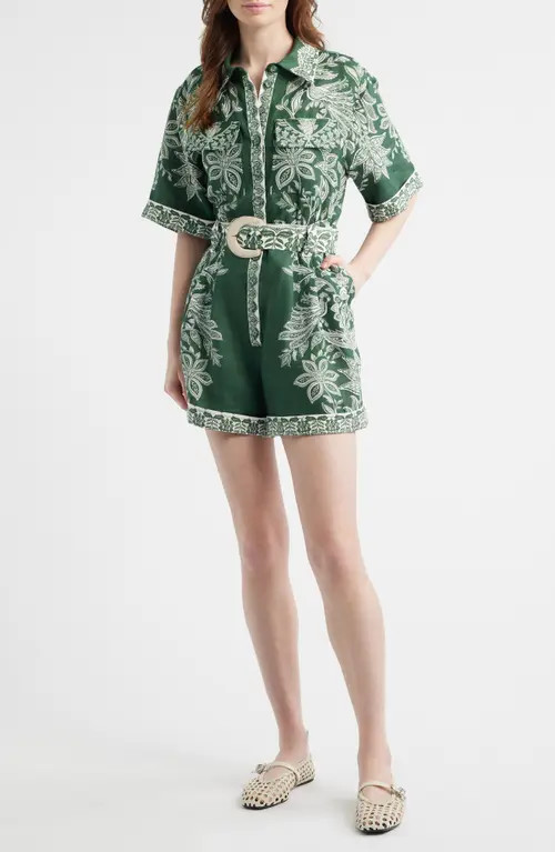 FARM Rio Miranda Belted Linen Utility Romper in Miranda Dark Green at Nordstrom, Size Xx-Small | Nordstrom