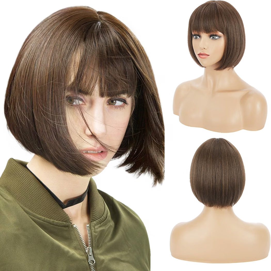 REECHO Brown Bob Wig with Bangs, 11" Short Bob Wigs Synthetic Replacement Hair Wigs for Women - C... | Amazon (US)