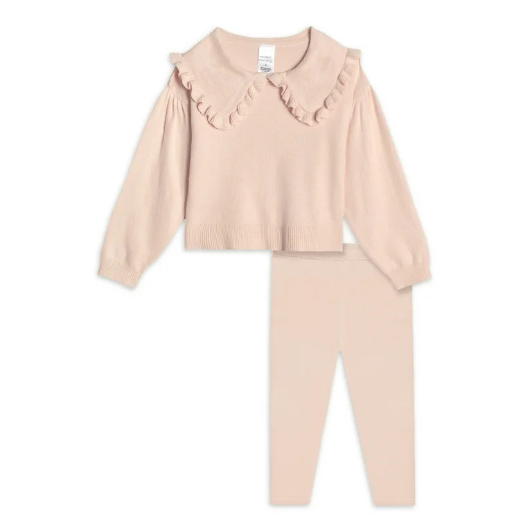 Modern Moments by Gerber Baby & Toddler Girl Ribbed Sweater with Peter Pan Collar and Leggings Ou... | Walmart (US)
