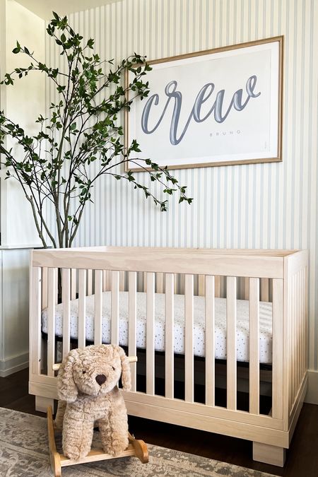 Baby boys room nursery bedroom natural wood crib custom personalized watercolor name sign poster frame labradoodle plush rocking horse rocker golden doodle minimalist faux artificial indoor tree children and kids spaces how decor accents accessories design southern preppy baby style 

#LTKbaby #LTKhome #LTKkids