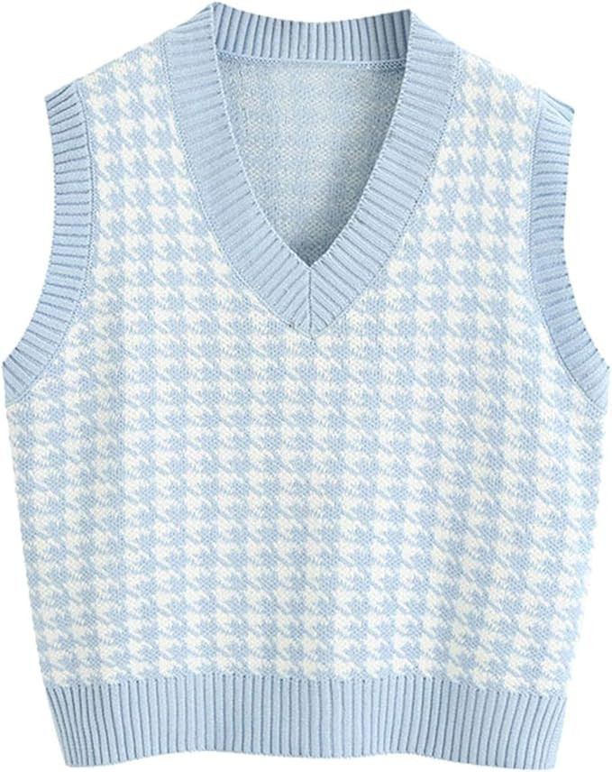 SAFRISIOR Oversized Houndstooth Knitted Vest Sweater Vintage V Neck Loose Sleeveless Sweater | Amazon (US)