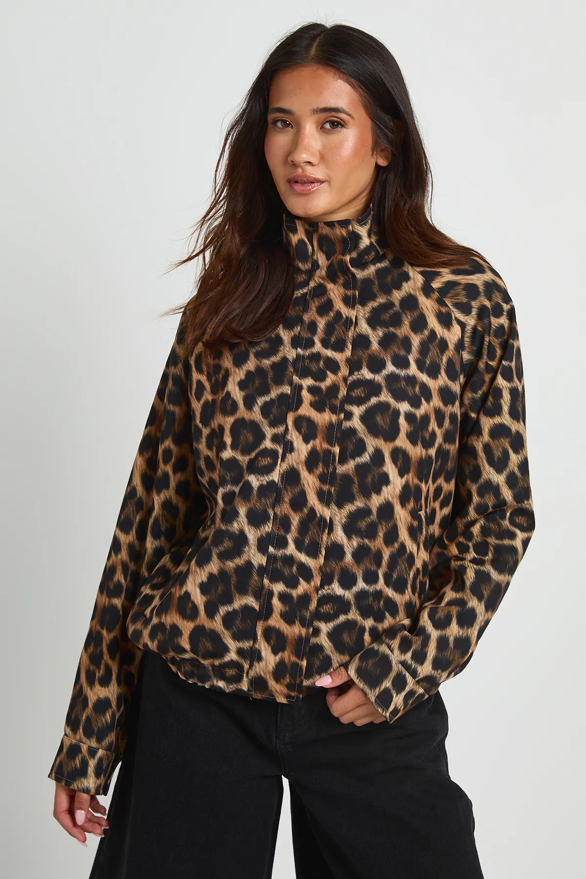boohoo Women's Leopard Funnel Neck Jacket | Size: Small | Denim/Polyurethane | boohoo (US & Canada)